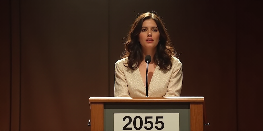 a woman standing at a podium with a microphone in front of her and a sign behind her that says 2055,