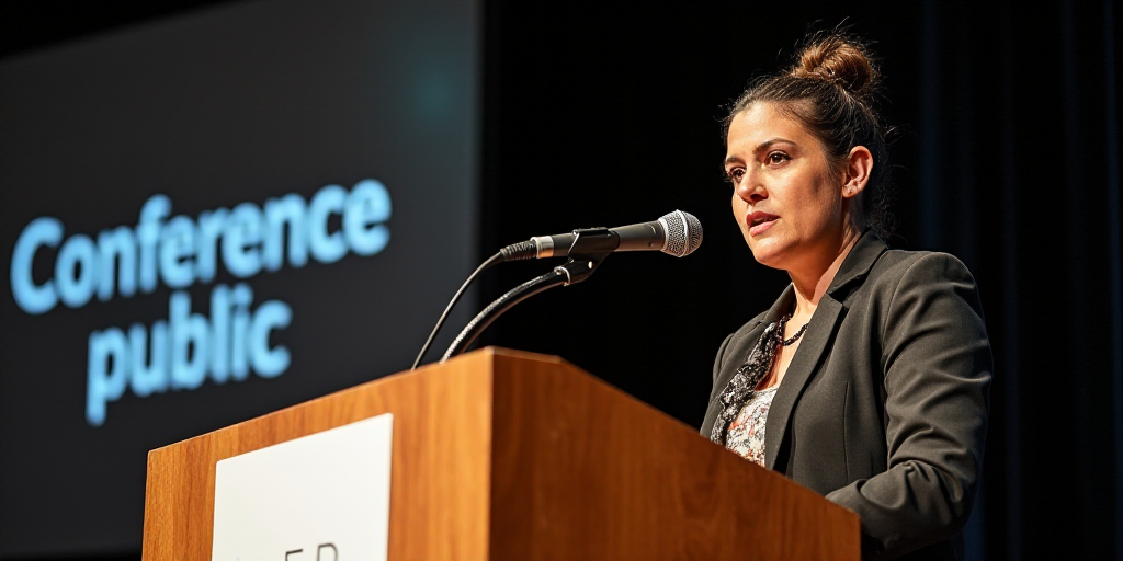 a woman standing at a podium with a microphone in front of her and a sign behind her that says confe
