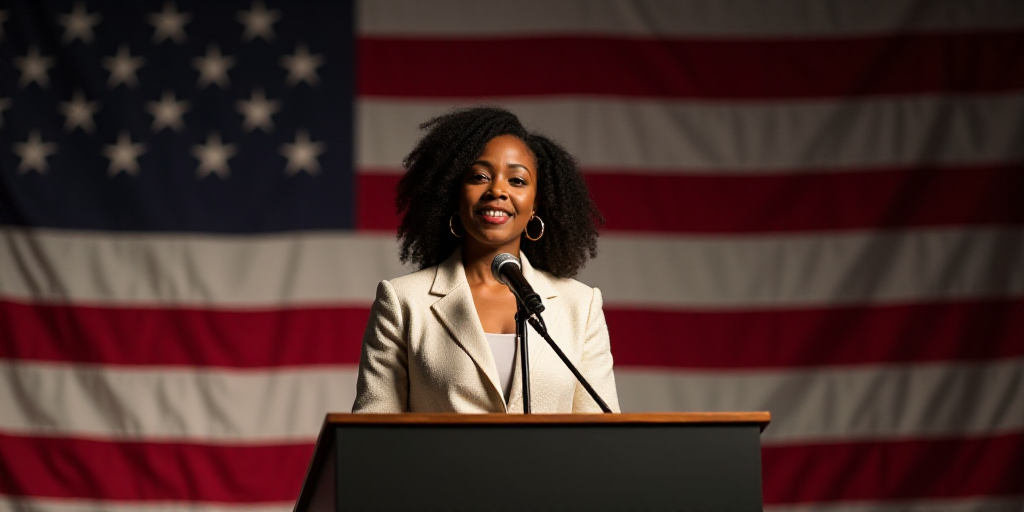 a woman standing at a podium with an american flag behind her and a microphone in front of her,, Dul