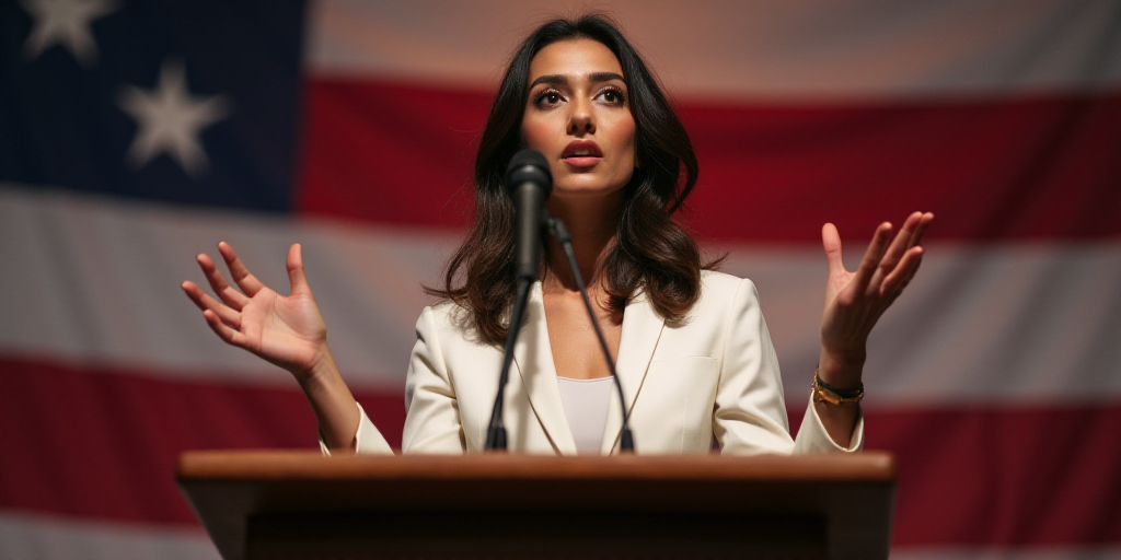 a woman standing at a podium with her hands up in front of her and a flag behind her and a microphon