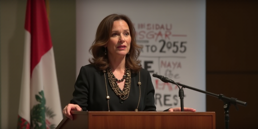 a woman standing at a podium with a microphone in front of her and a banner behind her that reads 20