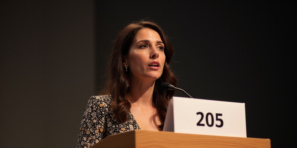 a woman standing at a podium with a microphone in front of her and a sign behind her that says 205,