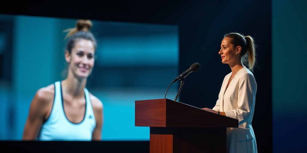 a woman standing at a podium with a microphone in front of her and a screen behind her with a pictur