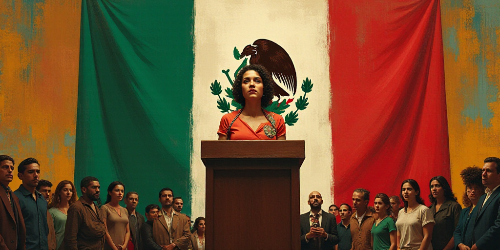 a woman standing at a podium with a mexican flag behind her and a mexican flag behind her and a mexi