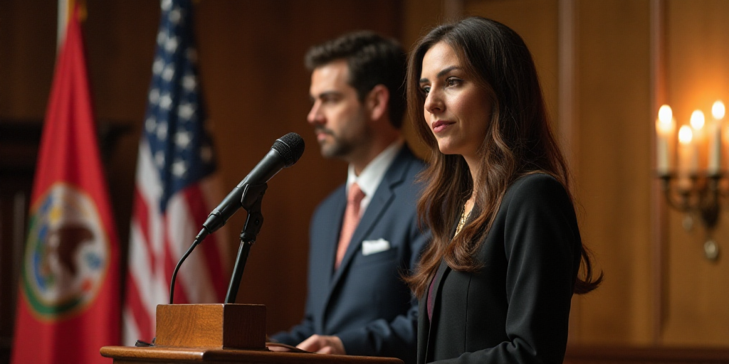 a woman standing at a podium with a microphone in front of her and a man standing behind her with a