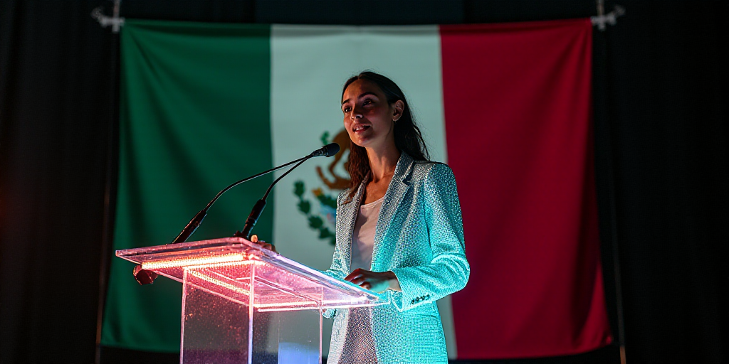 a woman standing at a podium with a microphone in front of a mexican flag banner and a mexican flag,