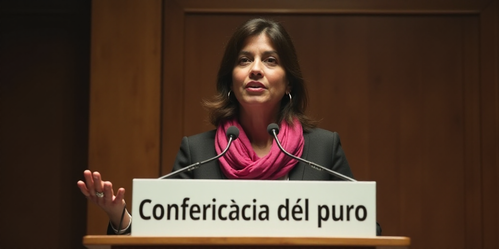 a woman standing at a podium with a microphone in front of her and a sign behind her that says confe