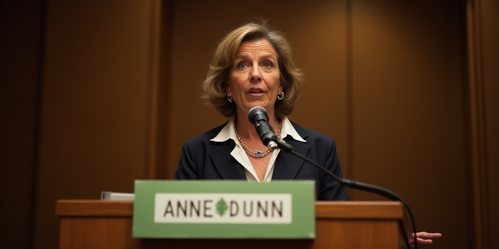 a woman standing at a podium with a microphone in front of her and a brown wall behind her and a gre