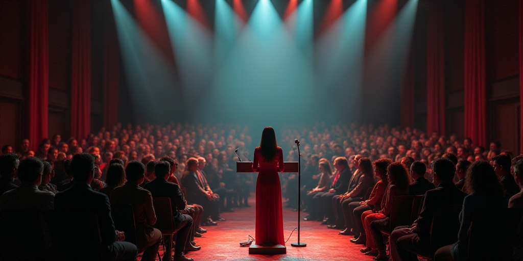 a woman standing at a podium with a microphone in front of a crowd of people sitting in chairs and s