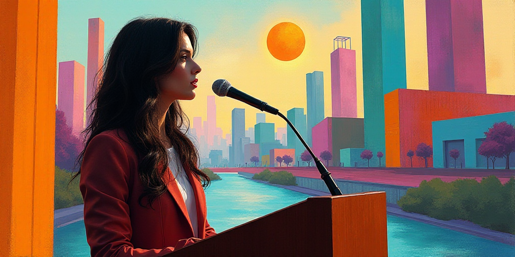 a woman standing at a podium with a microphone in front of her and a sign behind her that says, smar