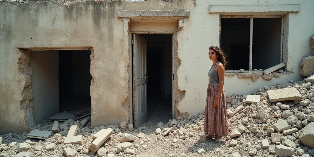 a woman standing in a pile of rubble next to a building with a broken door and a broken window, Dave