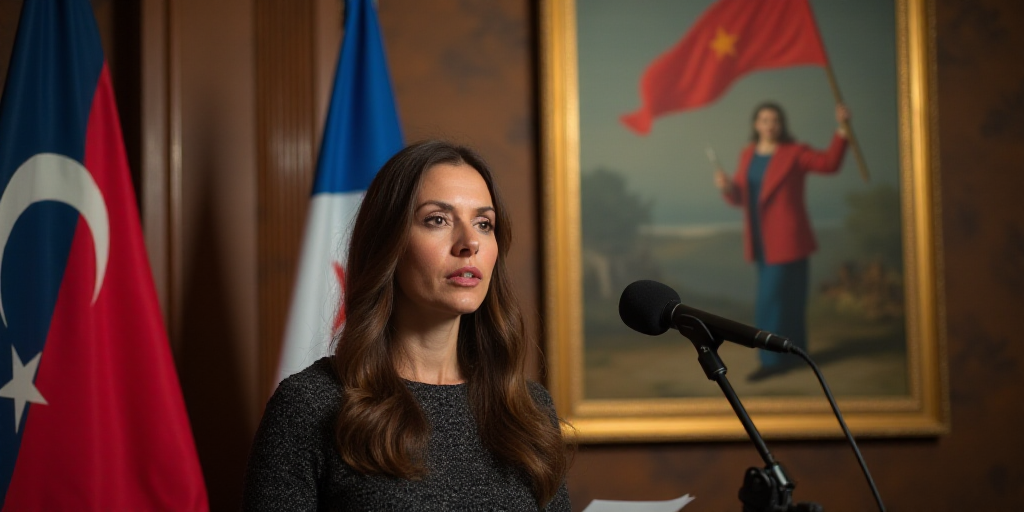 a woman standing in front of a flag and a microphone in front of a painting of a man holding a flag,