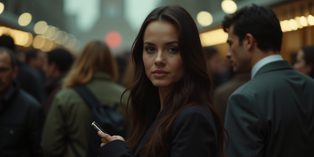 a woman standing in front of a crowd of people with a cell phone in her hand and a man in the backgr