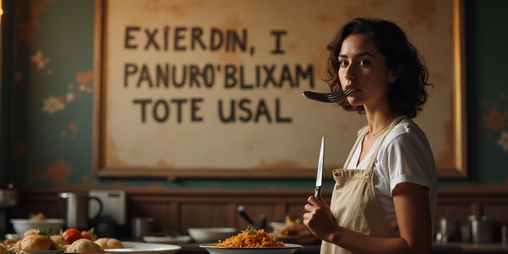 a woman standing in front of a sign with a fork in her hand and a knife in her mouth, Eva Gonzalès,