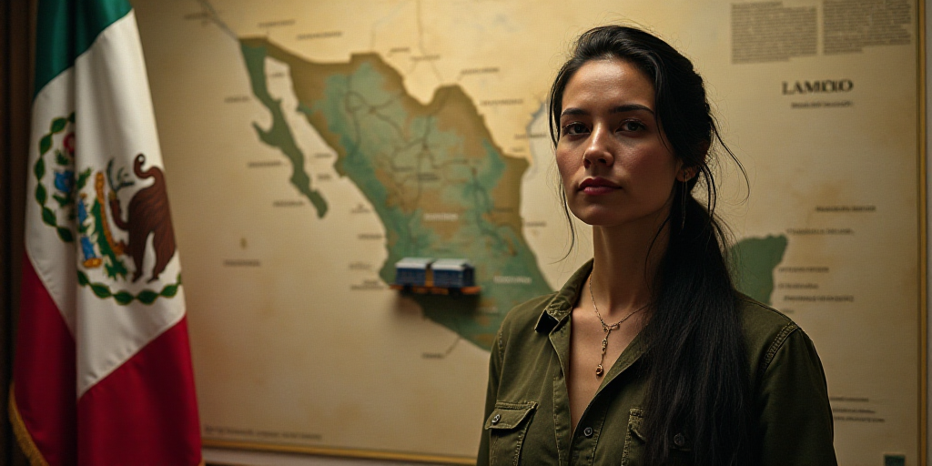 a woman standing in front of a map of mexico and a train on the wall behind her is a flag, Carlos Fr