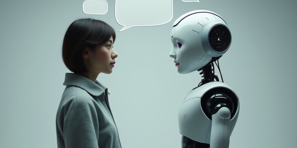 a woman standing next to a robot with speech bubbles above her head and a chat bubble above her head