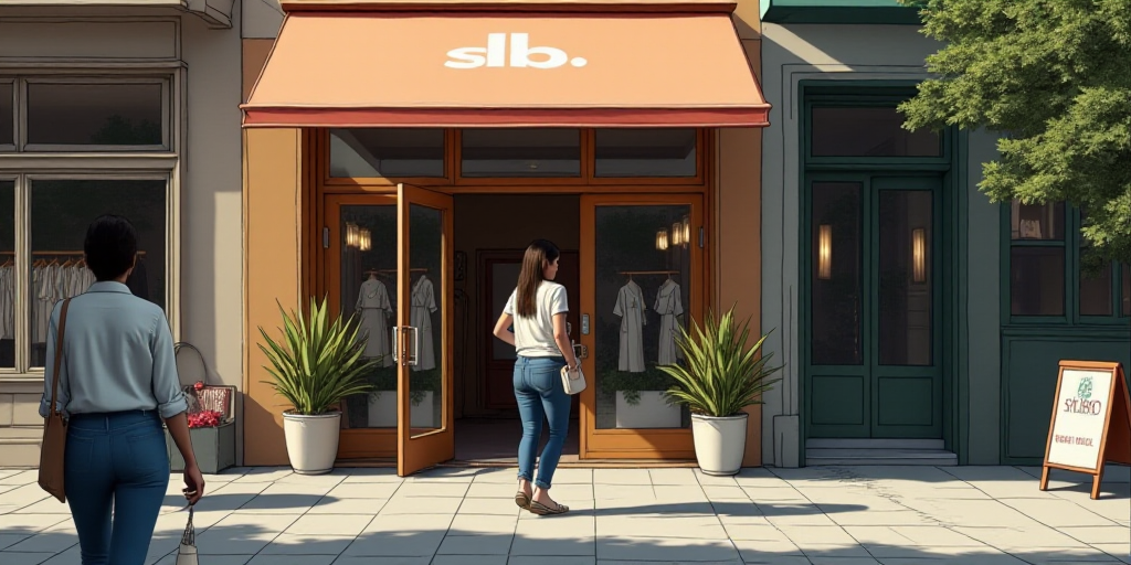 a woman standing outside of a store with a sign above her head that says, sbb, and a woman in a whit