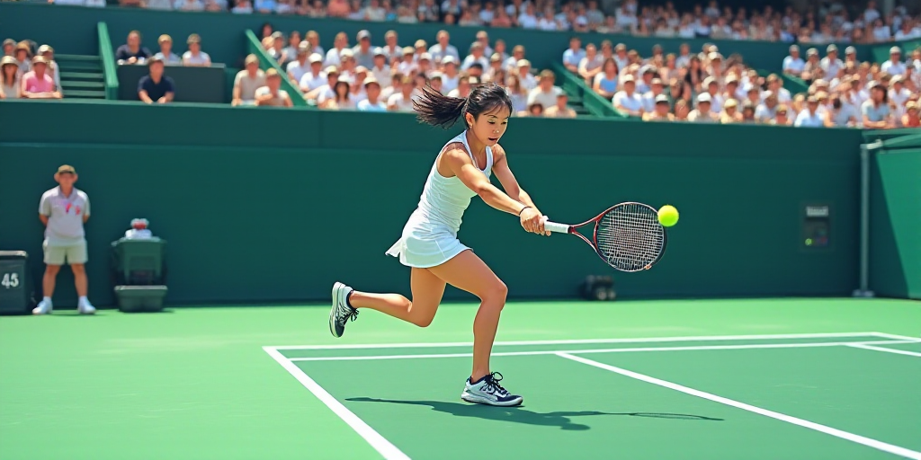 a woman swinging a tennis racquet at a ball on a tennis court with a crowd watching in the stands, C