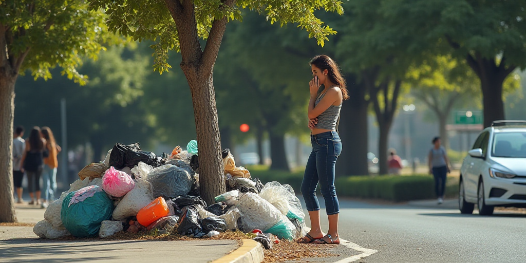 a woman talking on a cell phone next to a pile of trash on a street corner with a woman standing nex