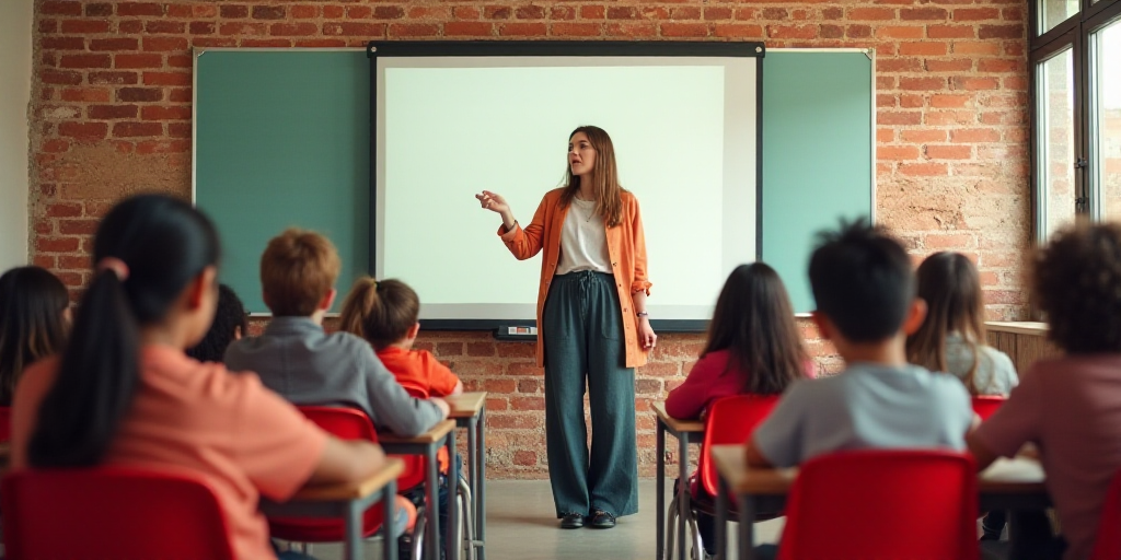 a woman teaching a class of children in a classroom with a whiteboard and red chairs and a brick wal