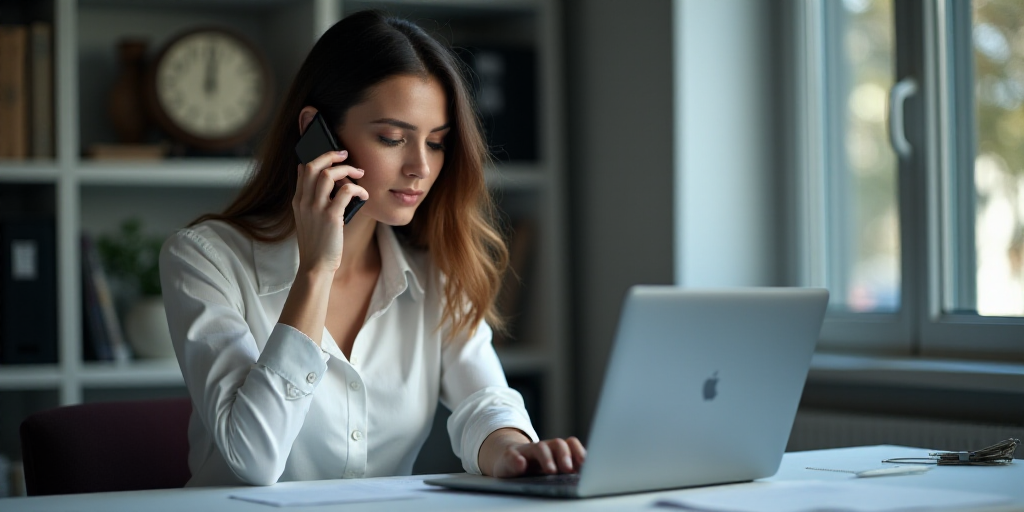 a woman using a cell phone while sitting in front of a laptop computer on a desk with a white shirt,