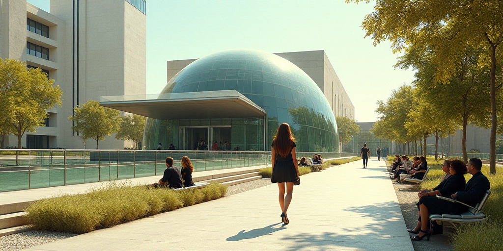 a woman walking down a sidewalk in front of a building with a glass dome on top of it and people sit