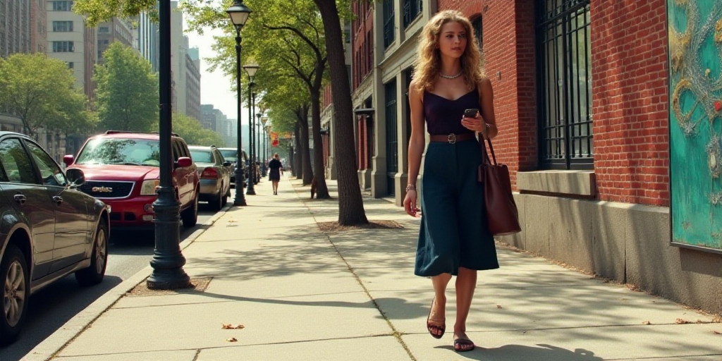 a woman walking down a sidewalk while looking at her cell phone and holding a purse in her hand and