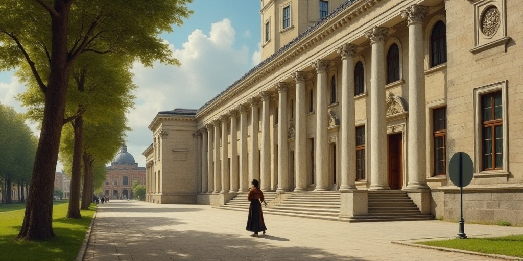 a woman walking in front of a building with a tall building in the background and a tree in the fore