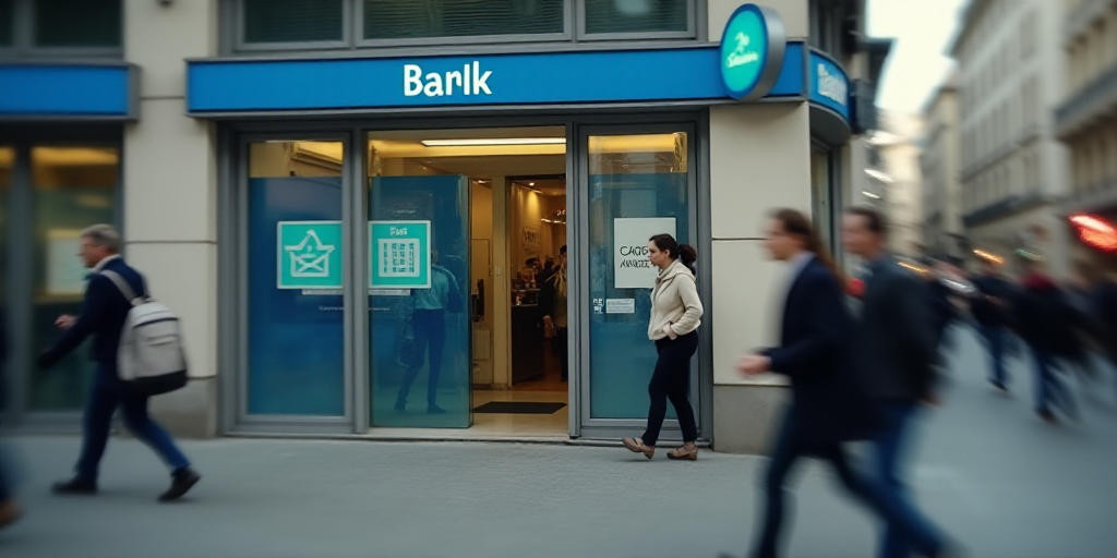 a woman walking past a bank with a blue sign above her head and people walking by it in the backgrou