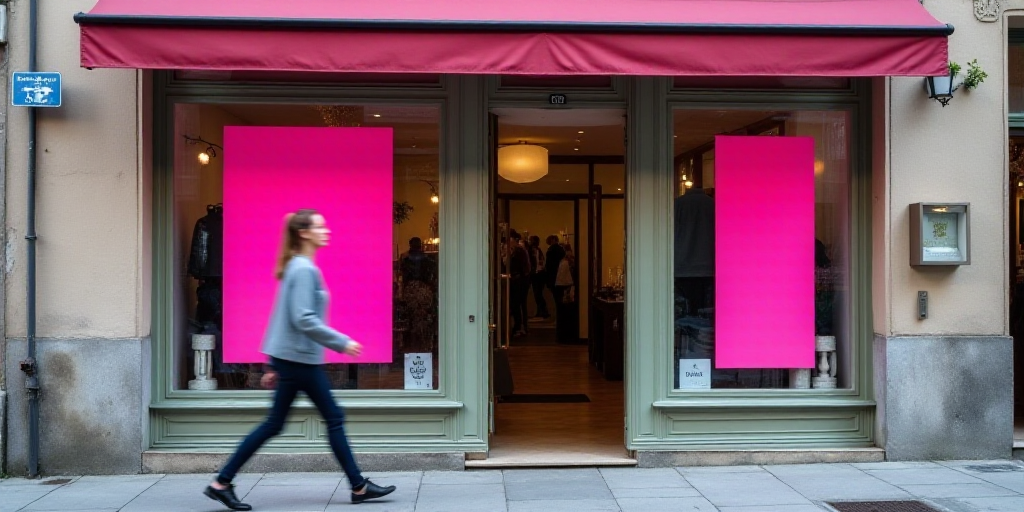 a woman walking past a store front with a pink sign on it's side window and a pink sign on the front