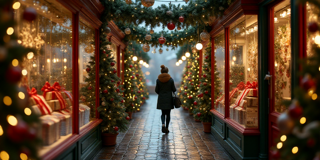 a woman walking through a store filled with christmas decorations and trees and presents on display