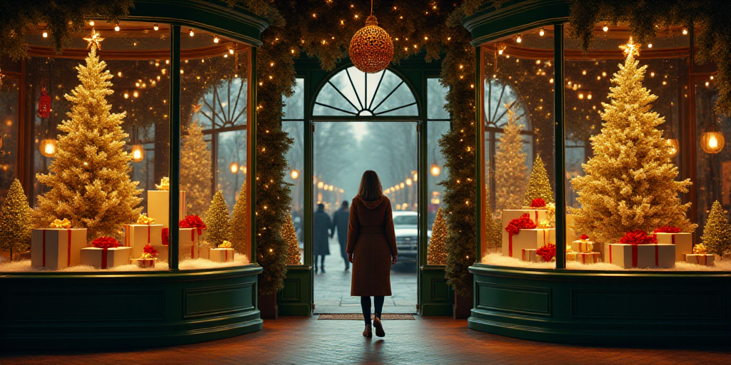 a woman walking through a store filled with christmas decorations and trees and presents on display
