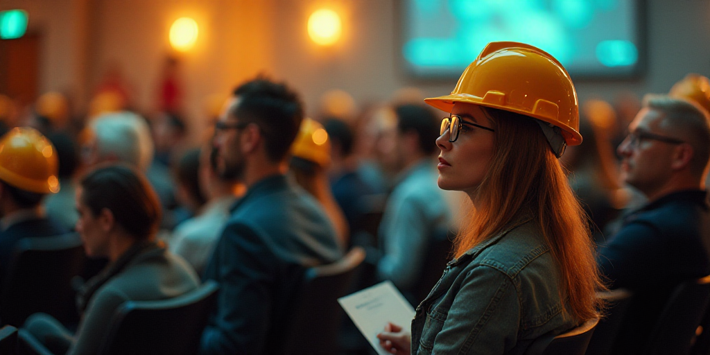 a woman wearing a hard hat and glasses in a crowd of people in a conference room with a speaker, Ada