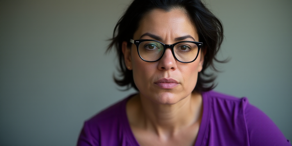 a woman wearing glasses and a purple shirt is looking at the camera with a serious look on her face,