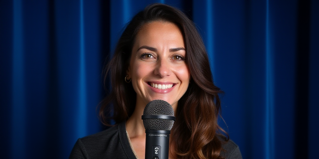a woman with a microphone in front of a blue curtain smiling at the camera with a microphone in fron