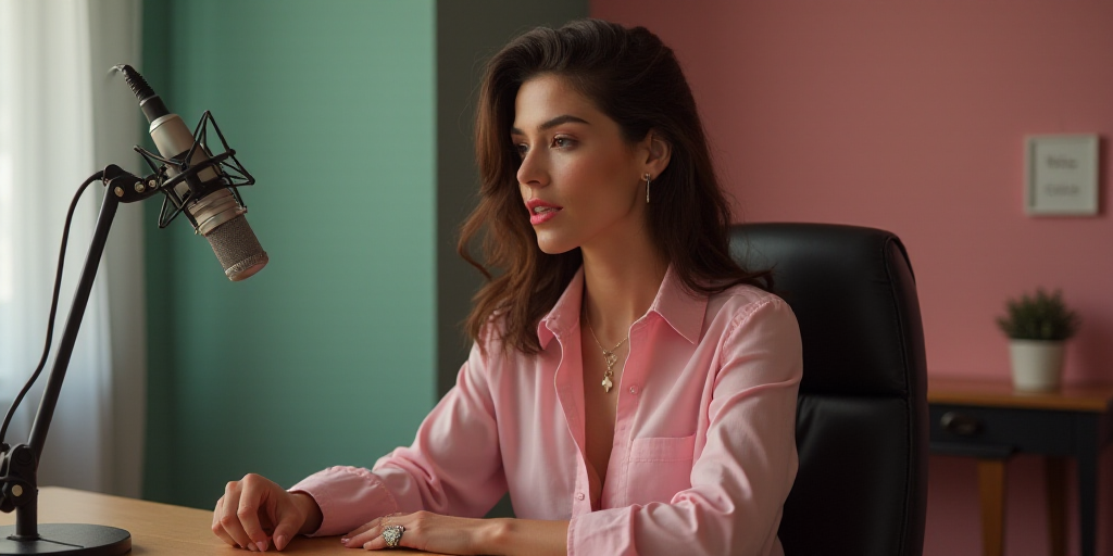 a woman with a pink lipstick on her lips sitting in a chair in front of a microphone and a wooden de