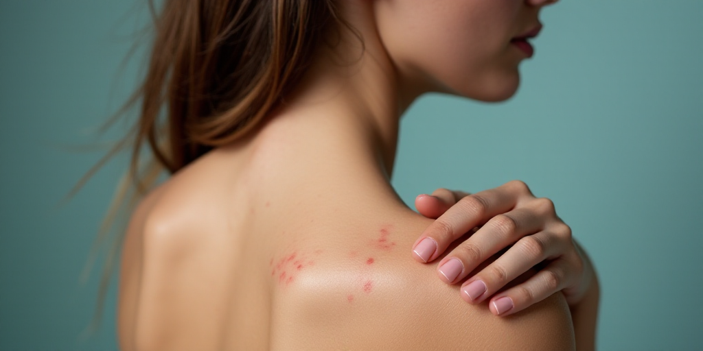 a woman with acne on her back and her hand on her shoulder and her hand on her shoulder, Aquirax Uno