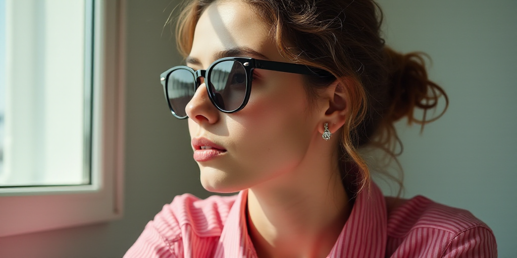 a woman with glasses and a pink shirt looks off into the distance while wearing a pair of sunglasses