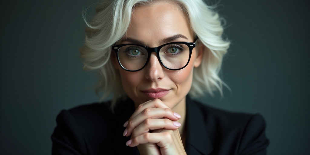 a woman with glasses is holding her hands together and looking at the camera with a serious look on