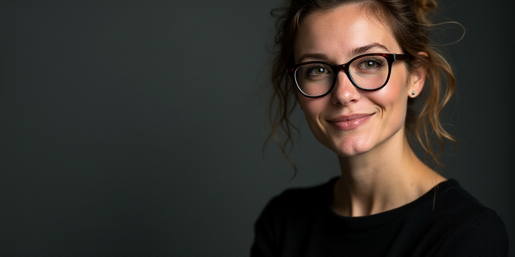 a woman with glasses is looking at the camera and smiling at the camera man is wearing a black shirt
