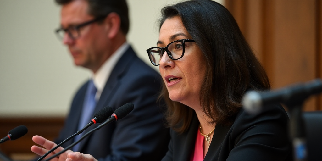 a woman with glasses speaking into a microphone with a man in a suit behind her and a sign behind he