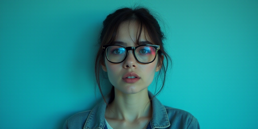 a woman with glasses standing in front of a blue background with a black and white photo of her face