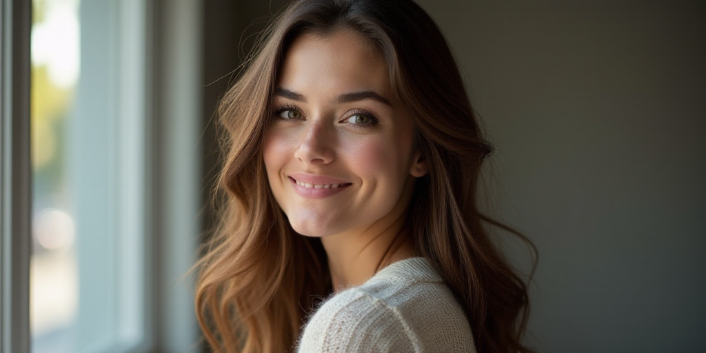 a woman with long hair and a sweater on is looking at the camera and smiling at the camera with a sm