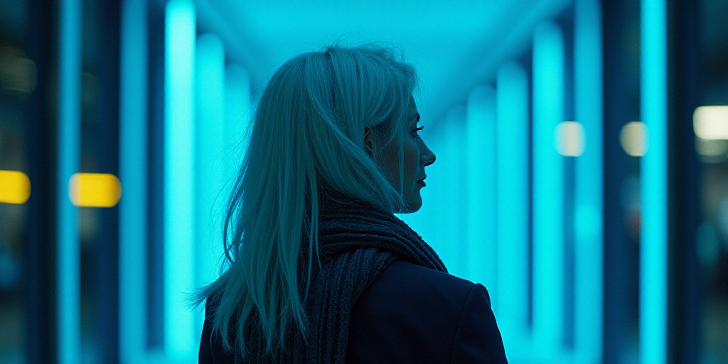 a woman with white hair and a scarf around her neck is standing in front of a blue background with a