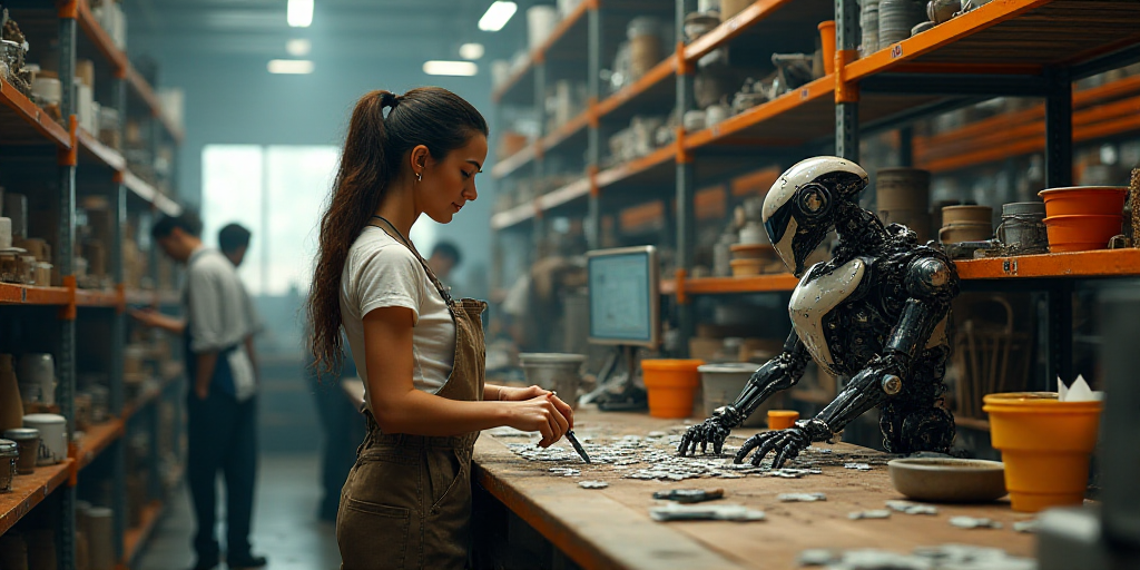 a woman working in a factory with lots of shelves and tools on the shelves and people in the backgro