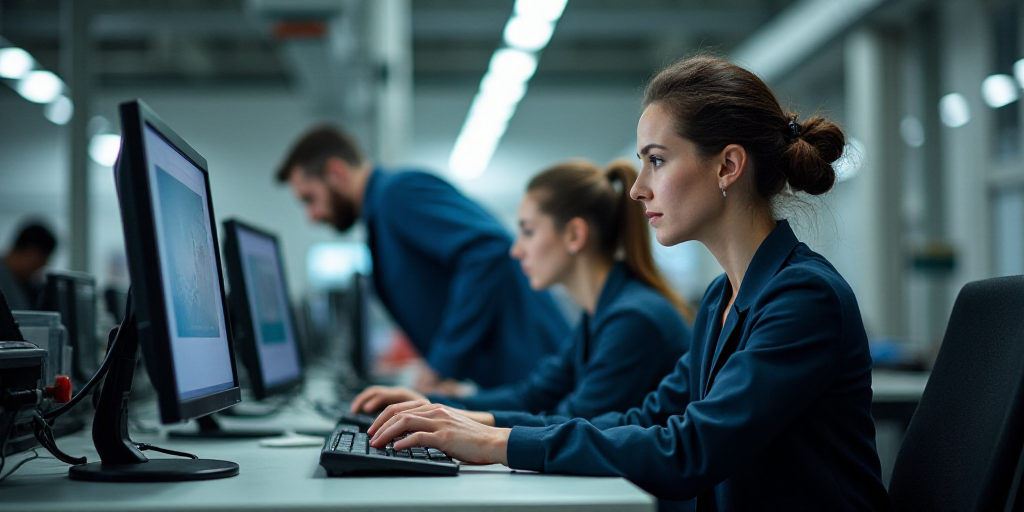 a woman working on a computer in a factory with other workers in the background and a man in the bac