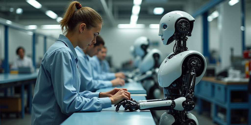 a woman working on a machine in a factory with other workers in the background and a robot in the fo