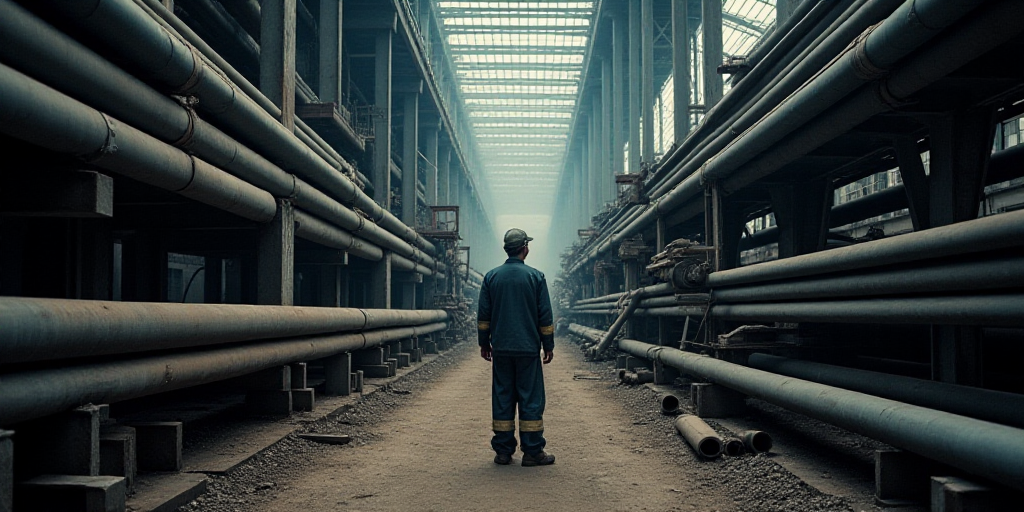 a worker stands among a large amount of steel pipes and tubes in a factory in china's heilong county
