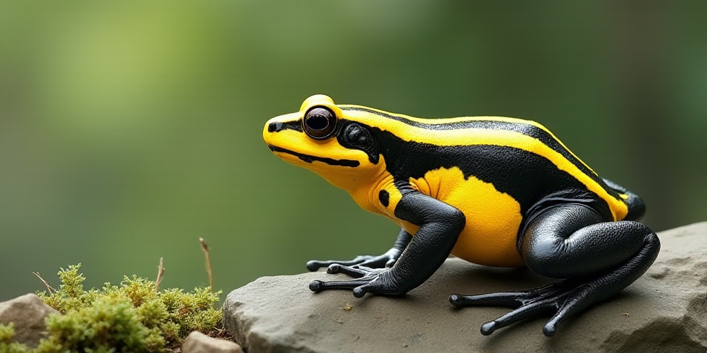 a yellow and black frog sitting on a rock with moss on it's side and a black and yellow stripe on it