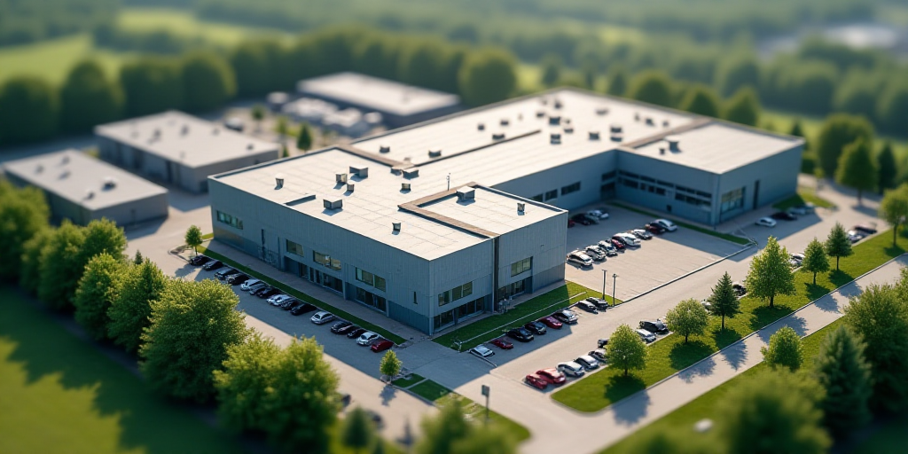 an aerial view of a factory building and surrounding buildings with a parking lot and a parking lot